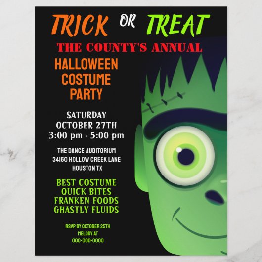 Hallowen Fankenstein Monster Costume Party Invite Flyer (Voorkant)