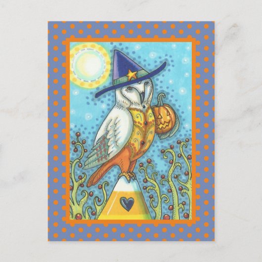 HALLOWIN FOLK ART BARN OWL & CANDY CORN BRIEFKAART (Voorkant)