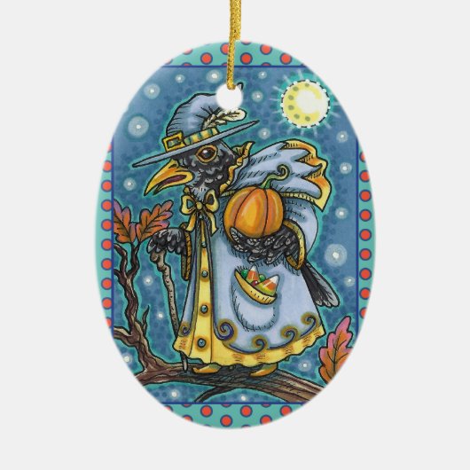 HALLOWS EVE BLACKBIRD WIZARD, HALLOWEEN RAVEN KERAMISCH ORNAMENT (Voorkant)