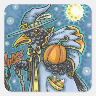 HALLOWS EVE BLACKBIRD WIZARD, HALLOWEEN RAVEN VIERKANTE STICKER