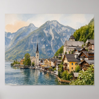 Hallstatt Oostenrijk Aquarel Kunstprint Poster