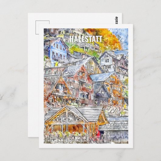 Hallstatt Oostenrijk Famous Travel Waterverf Sketc Briefkaart (Voorkant / Achterkant)
