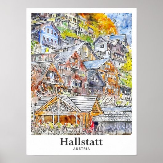 Hallstatt Oostenrijk Reizen Waterverf Hand geteken Poster (Voorkant)