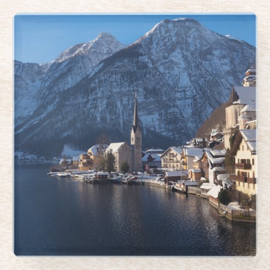 Hallstatt stad in de winter in de sneeuw glazen onderzetter (Voorkant)
