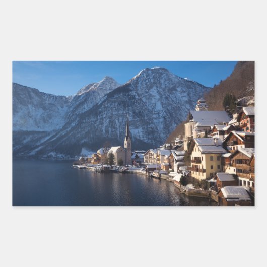 Hallstatt stad in de winter in de sneeuw rechthoekige sticker (Voorkant)