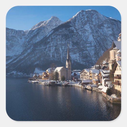Hallstatt stad in de winter in de sneeuw vierkante sticker (Voorkant)