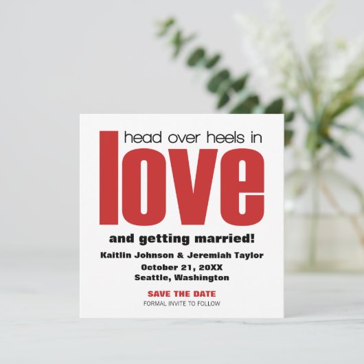 Hals over kop Save the Date-uitnodiging, rood Kaart (Staand voorkant)