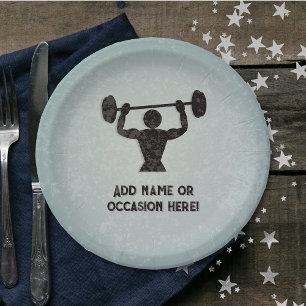 Halterliftende man en uw slogan robuuste look papieren bordje
