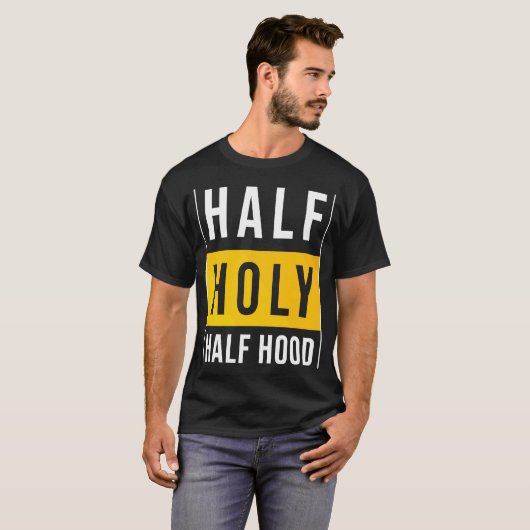 Halve capuchon half heilig sarcastisch t-shirt (Voorkant volledig)