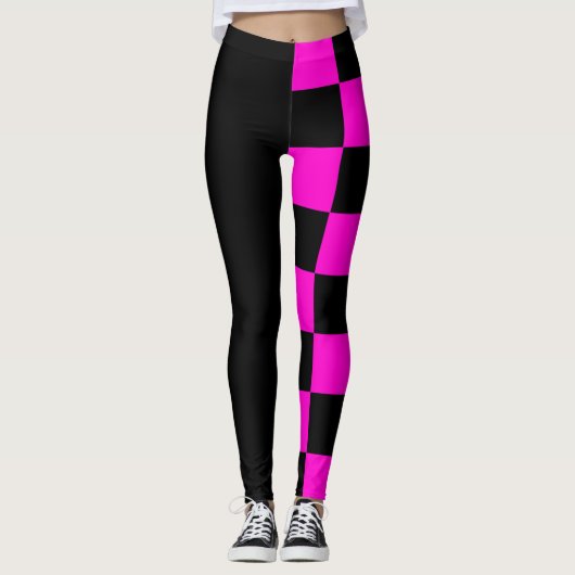 Halve en halve zwarte en Roze cheques Leggings (Voorkant)