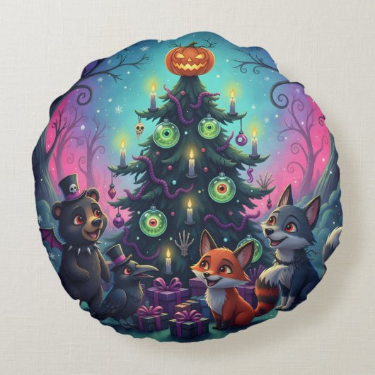 Halve kerstboomscène rond kussen (Achterkant)