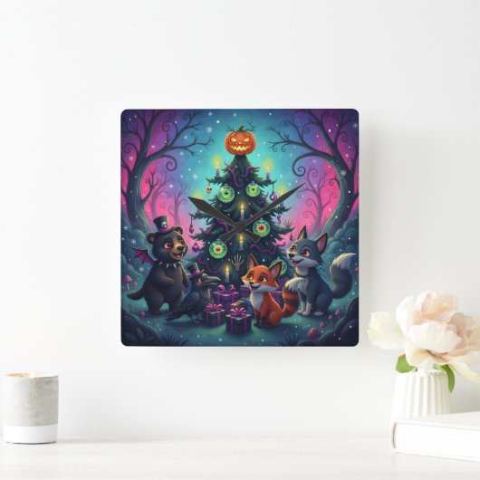 Halve kerstboomscène vierkante klok (Huis)