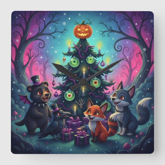 Halve kerstboomscène vierkante klok (Voorkant)