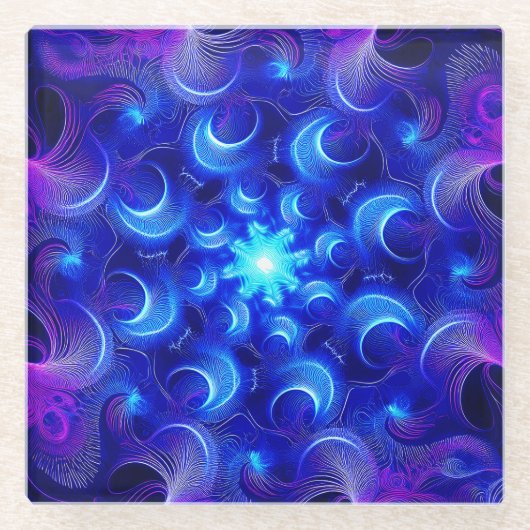 Halve Maan Blauwe Fractals Glazen Onderzetter (Voorkant)