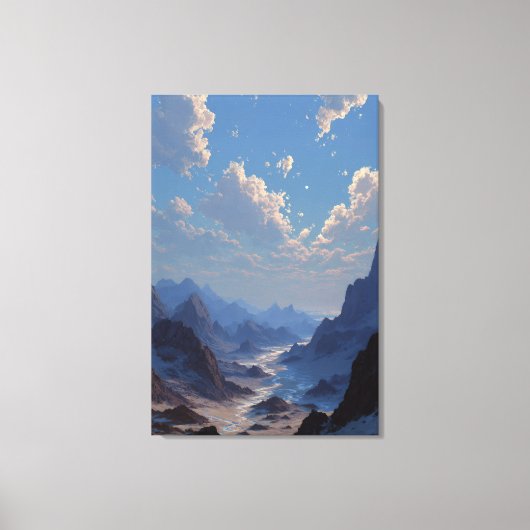 Halve Maan Boven Nevelige Bergvallei Canvas Afdruk (Voorkant)