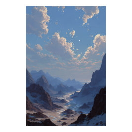 Halve Maan Boven Nevelige Bergvallei Foto Afdruk