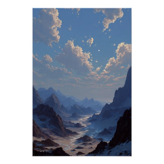 Halve Maan Boven Nevelige Bergvallei Perfect Poster (Voorkant)