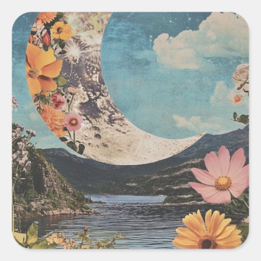 Halve maan boven sereen landschap vierkante sticker (Voorkant)