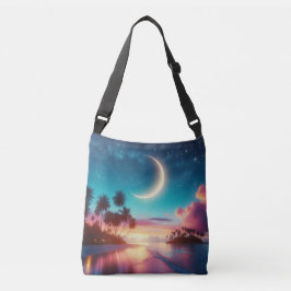 Halve maan boven tropisch strand nachtelijke hemel crossbody tas
