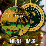 Halve Maan Cay Bahama's  Zonsondergang Vakantie ja Keramisch Ornament<br><div class="desc">Deze Halve Maan Cay van de Bahama's ontwerp maakt een geweldig kerst- of verjaardagscadeau voor fans van Little San Salvador Bahama's. Het retro zomervibes-ontwerp is een perfect cadeau voor reisliefhebbers en fans van tropische bestemmingen. U kunt deze sjabloon aanpassen en wijzigen door de teksten in de aan te passen, te...</div>