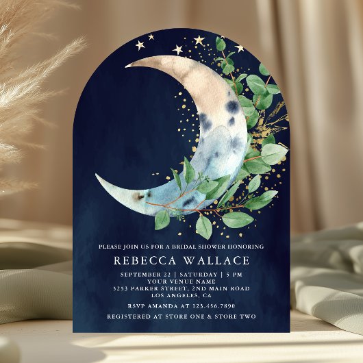 Halve Maan Eucalyptus Boog Navy Bruidsdiner Kaart