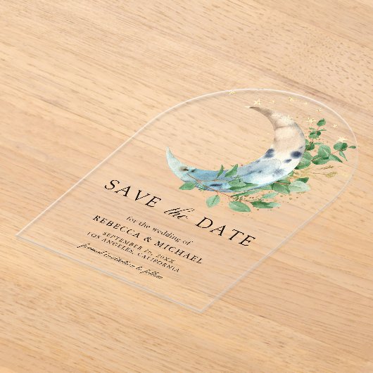 Halve Maan Eucalyptus Wedding Save the Date Acryl Uitnodigingen (Laagn)