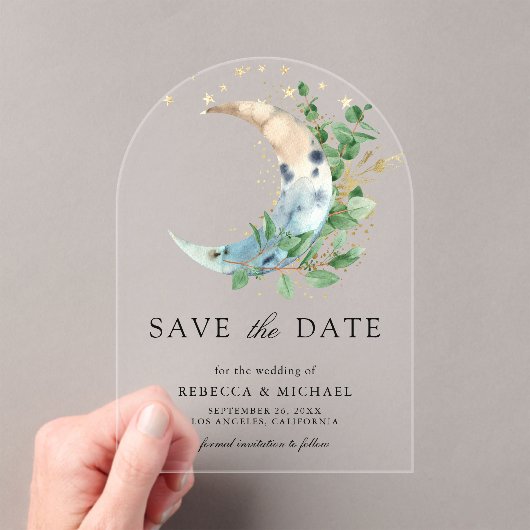 Halve Maan Eucalyptus Wedding Save the Date Acryl Uitnodigingen (Insitu (Draagbaar))