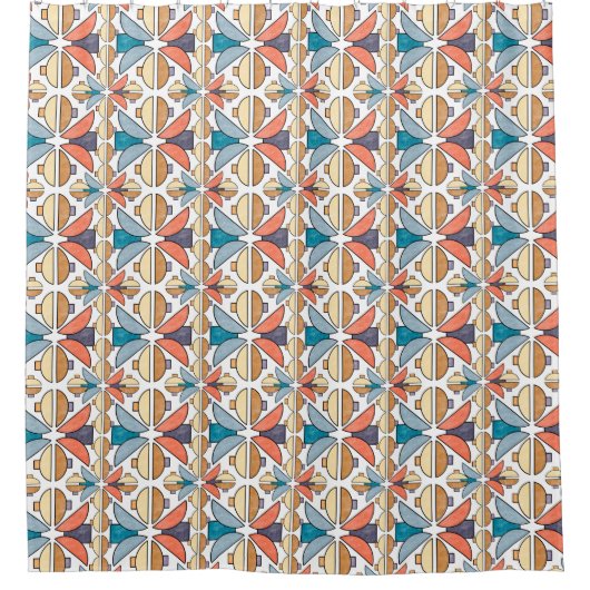 Halve maan in koraal en Blauwgroen Douchegordijn (Voorkant)