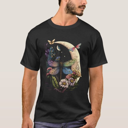 Halve maan libel insect hippie kleurrijke bloemen t-shirt (Voorkant)