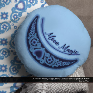 Halve maan magische sterren hemels licht blauw rond kussen