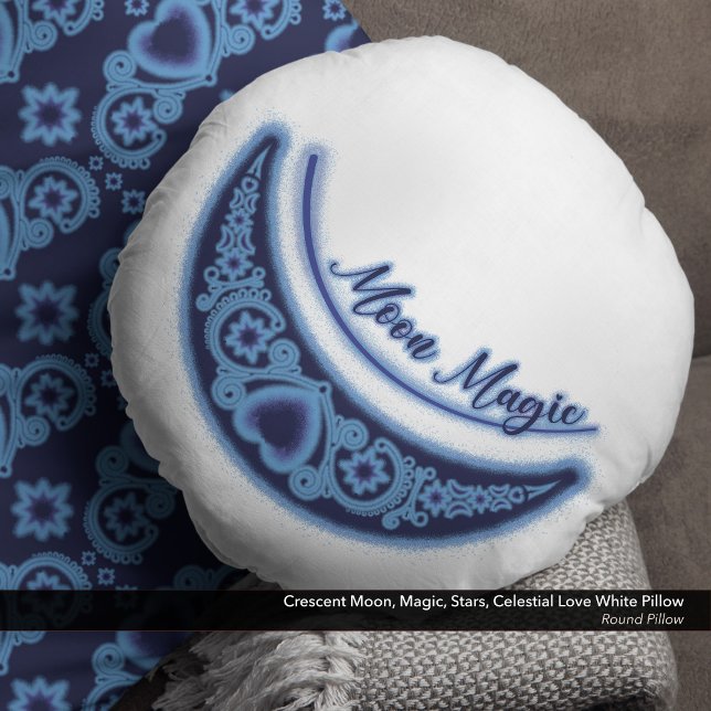 Halve maan magische sterren hemelwit rond kussen (Crescent Moon Magic Stars Celestial Love White Round Pillow)