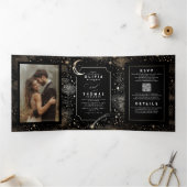 Halve Maan Sterren Celestial Zwart Trouwfoto Drieluik Uitnodiging (Binnen)