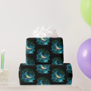 Halve Maan Sterren Hemels Zwart Halloween Cadeaupapier