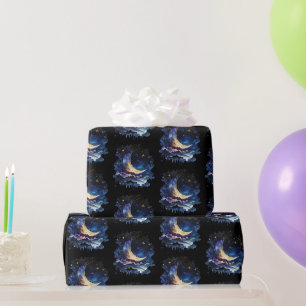 Halve Maan Sterren Hemels Zwart Halloween Cadeaupapier