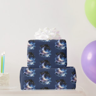 Halve Maan Sterren Hemelsblauw Halloween Cadeaupapier