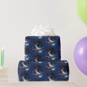 Halve Maan Sterren Hemelsblauw Halloween Cadeaupapier