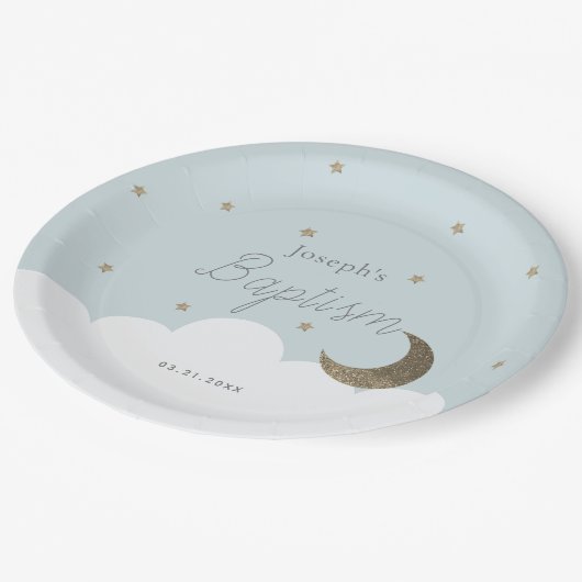 Halve Maan & Sterren Lichtblauwe Jongen Doop Papieren Bordje (Gekanteld)