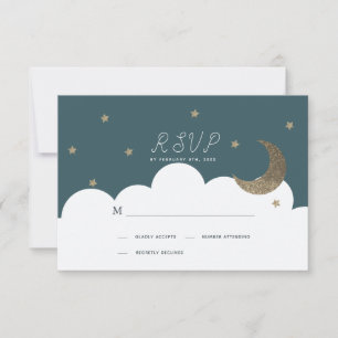 Halve Maan & Sterren Marine Blauwe Doop RSVP Kaartje
