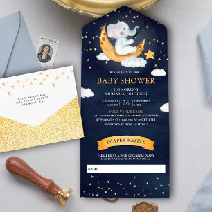 Halve Maan Sterren Olifant Navyblauwe Baby Shower All In One Uitnodiging