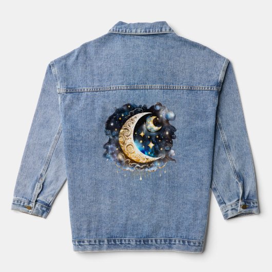 Halve maan sterrennacht 3D blauw goud chic Denim Jacket (Achterkant)
