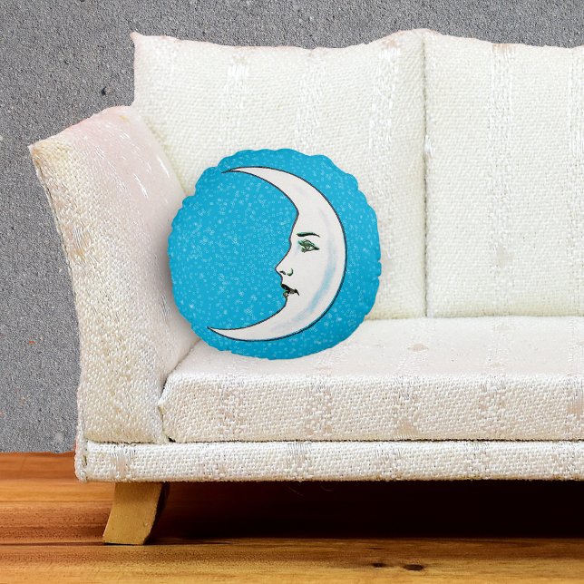  halve maan witte vlek witte sterren rond kussen (White crescent moon Gothic face tiny white stars on vibrant blue decorative pillow.)