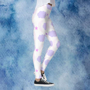 Halve Maan Wolken Sterren Patroon Roze Paars Leggings