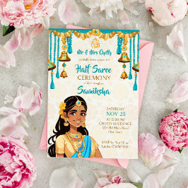 Halve Saree ceremonie schattig Indiase meisje blau Kaart