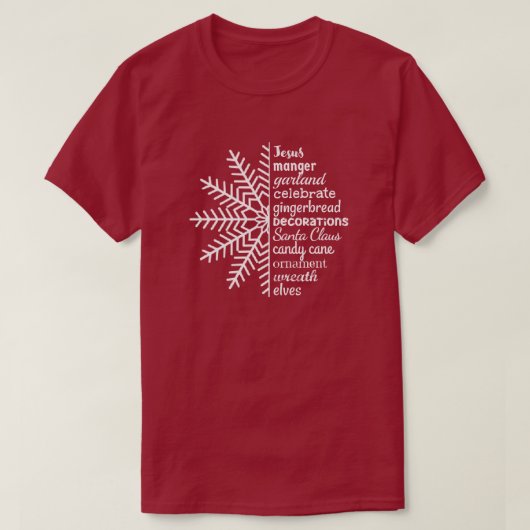 Halve Snowflake en Halve lijst met kerstwoorden T- T-shirt (Design voorkant)