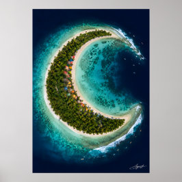 Halvemaan-eiland met surfers vanuit de satelliet poster