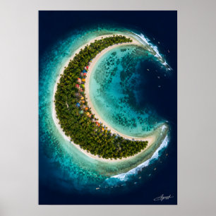 Halvemaan-eiland met surfers vanuit de satelliet poster