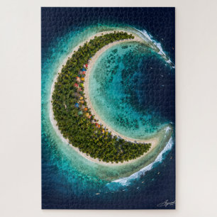Halvemaan-eiland met surfers vanuit satellietzicht legpuzzel