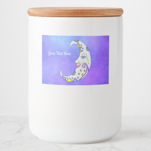 Halvemaan Versierde Maan Kleurrijke Gezicht Paarse Voedselcontainer Etiket (Voorkant)