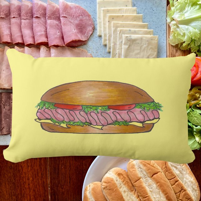 Ham en Cheese Deli Sandwich Sub Hoagie Grinder Kussen (Ham and cheese hoagie pillow)