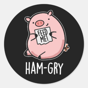 Ham-gry Funny Animal Pig Pun Dark BG Ronde Sticker
